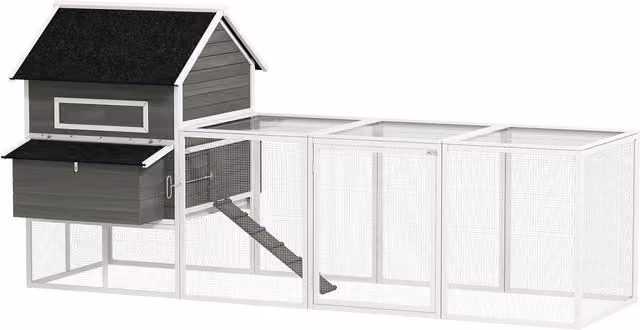 Pollaio in legno PawHut con recinto, cassetta nido e tetto bituminoso per 8-10 galline, Grigio scuro, L: 347 cm, P: 160 cm, H: 150 cm – 1