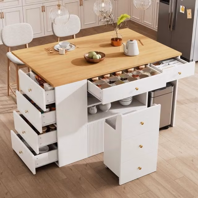 Desviae Carrello da cucina con 6 cassetti e sgabello imbottito su ruote in MDF bianco 140 × 40 × 89 cm