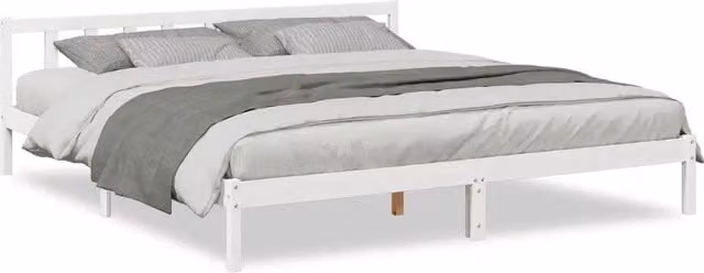 Letto matrimoniale extra lungo in pino laccato bianco con doghe in legno L: 185.5 cm, P: 215.5 cm, H: 69.5 cm
