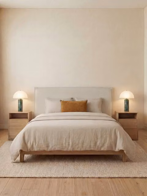 Set testiera imbottita Plains beige 150/160 cm e 2 comodini Hegas naturale Kenay Home