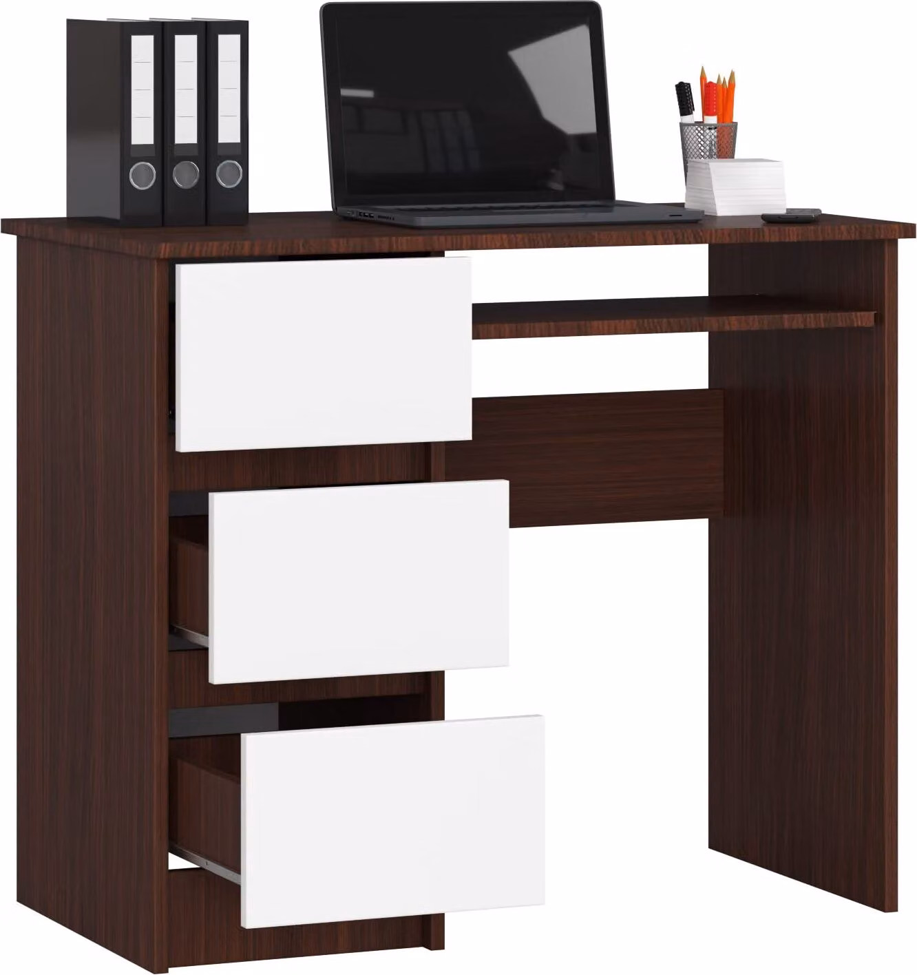 BDW, scrivania per computer con 3 cassetti, cassetto per tastiera, 90x77x50 cm, Venga / bianco (a sinistra)