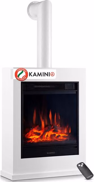 KAMINIO Camino elettrico KALLE con tubo del camino - Caminetto elettrico a pavimento con riscaldamento, effetto fiamma 3D, telecomando - Bianco