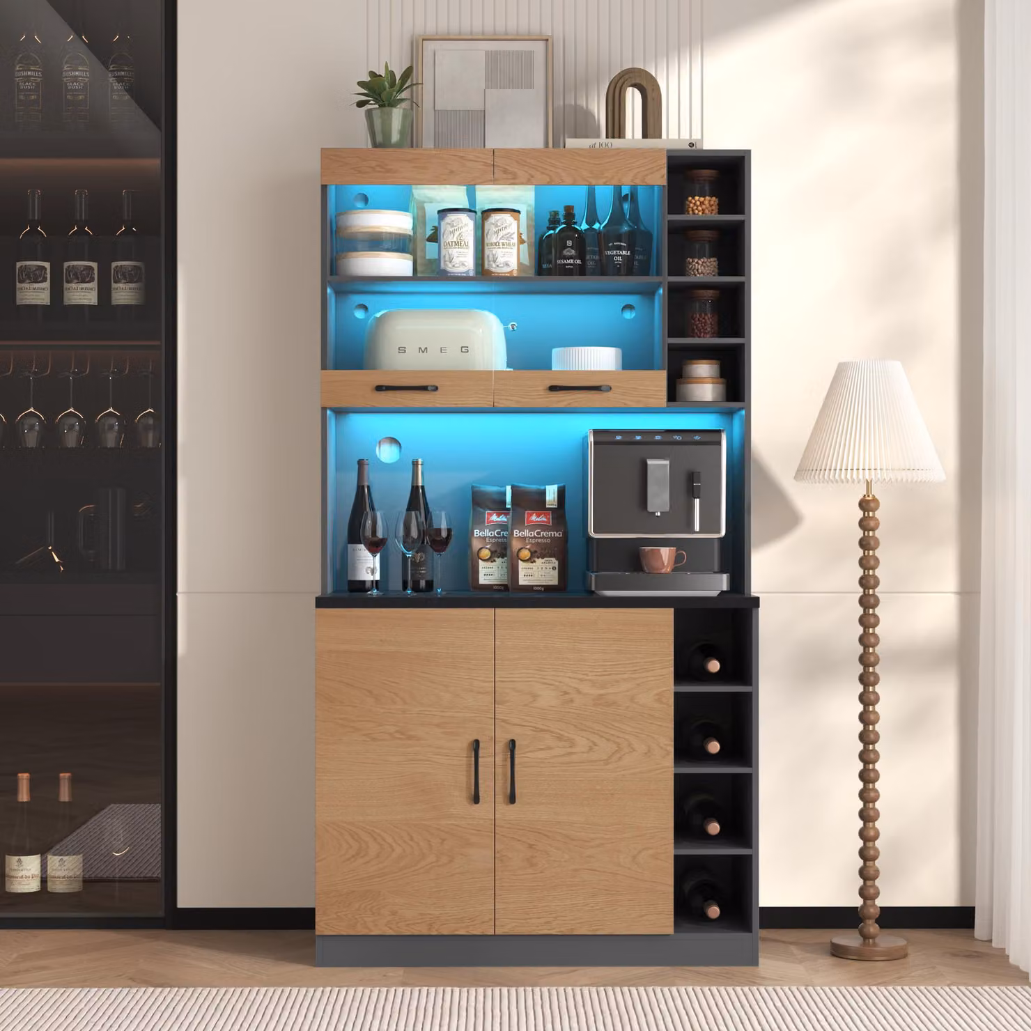 Flieks mobili alti da cucina buffet con LED, mobili da cucina a buffet con vani a giorno, mobile buffet cucina alto, finitura naturale