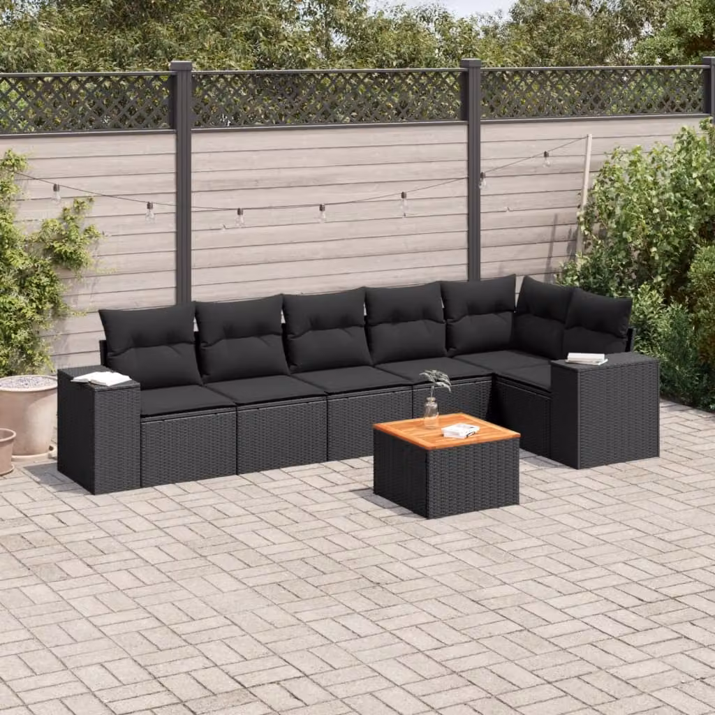 Set Divani da Giardino vidaXL a Forma di L in Polyrattan Nero con 7 Cuscini e Tavolino – 1