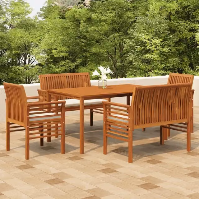 Set da pranzo per esterni vidaXL in legno di acacia con 5 pezzi e cuscini beige e marroni