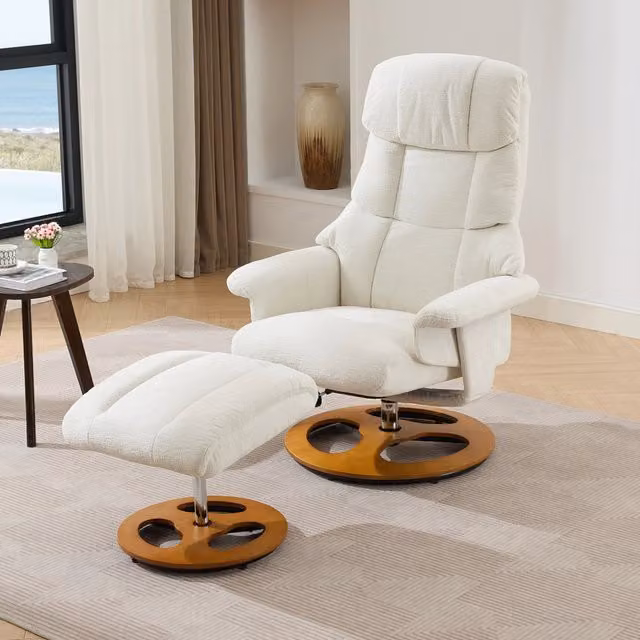 Poltrona Relax con Massaggio e Riscaldamento - Zephmum - 360¡ã Girevole, Funzione di Sdraiato e Pouf, Tessuto Chenille Bianco