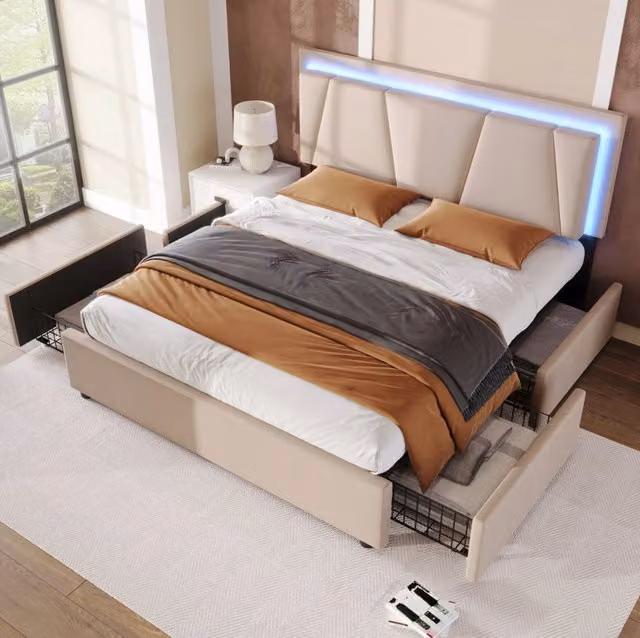 Letto imbottito 140x200 cm con LED; 4 cassetti e testiera regolabile beige