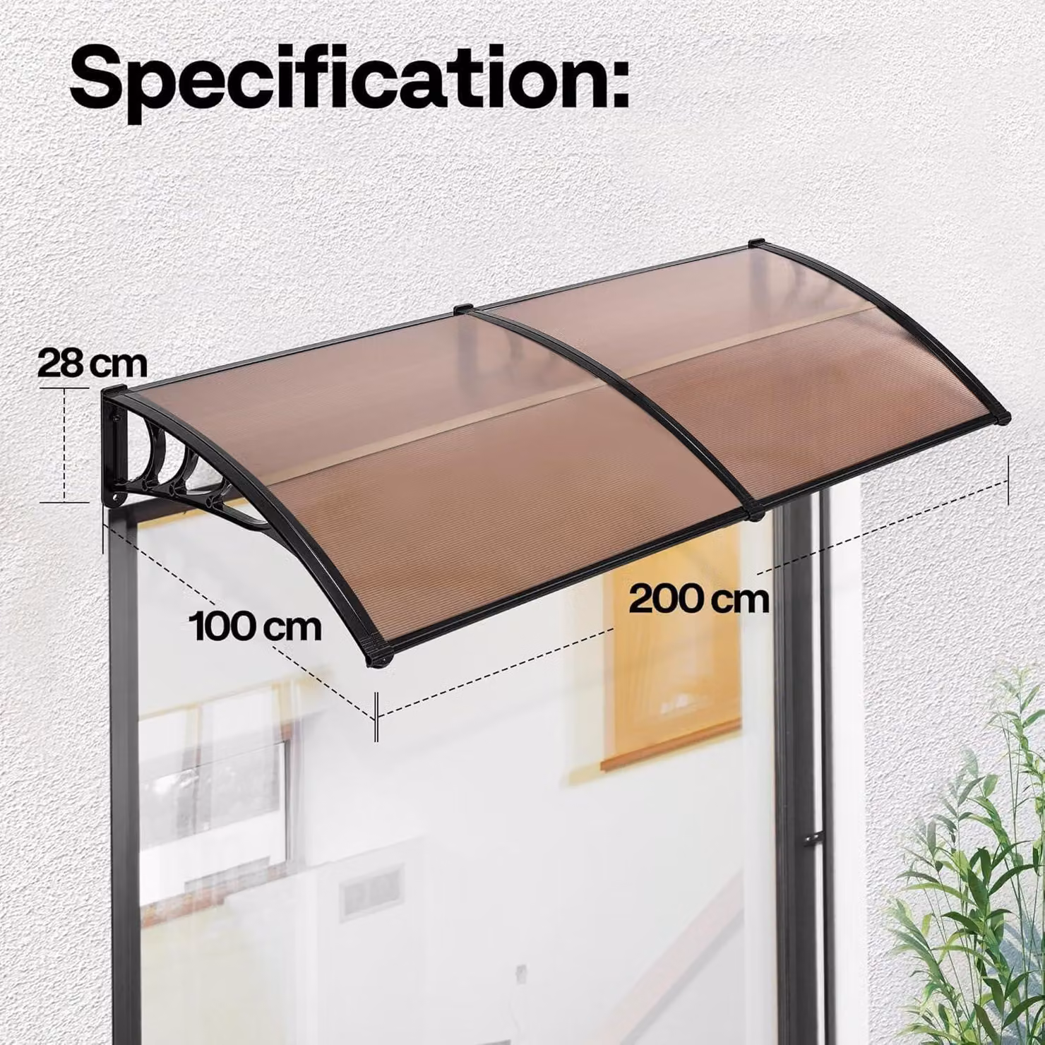 Tenda parasole per finestra d'ingresso, dimensioni 200x100 cm, realizzata in policarbonato con copertura a tegole. Tenda a shed marrone con supporto nero, ideale per proteggere dal sole e dalla pioggia