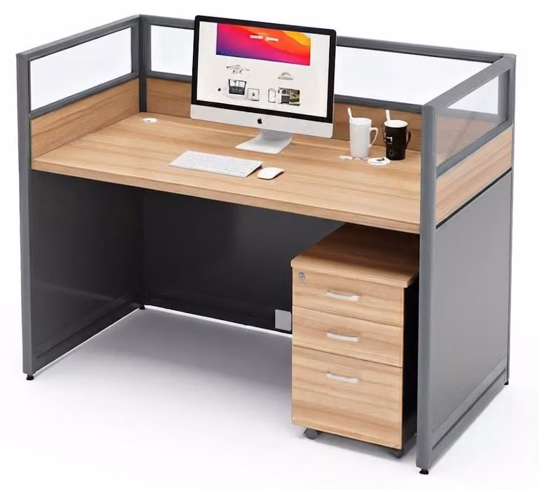 Moderno sistema di postazioni di lavoro da ufficio con divisorio e carrello con cassetti