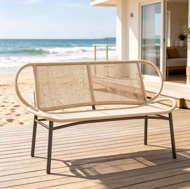 Panca da giardino a 2 posti in rattan PE e metallo; 138 cm; naturale e nero