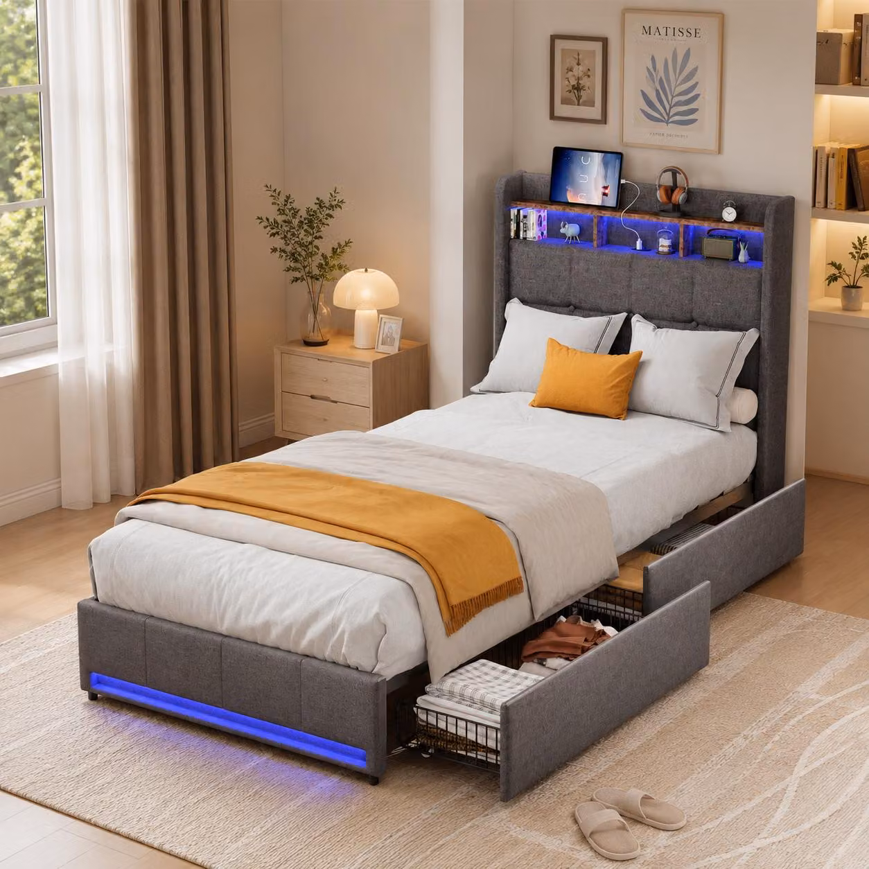 Letto imbottito INONEFT, 90x200 cm, con illuminazione LED e prese USB, letto singolo per ragazzi con 2 cassetti e 3 vani portaoggetti, tessuto in lino, colore grigio