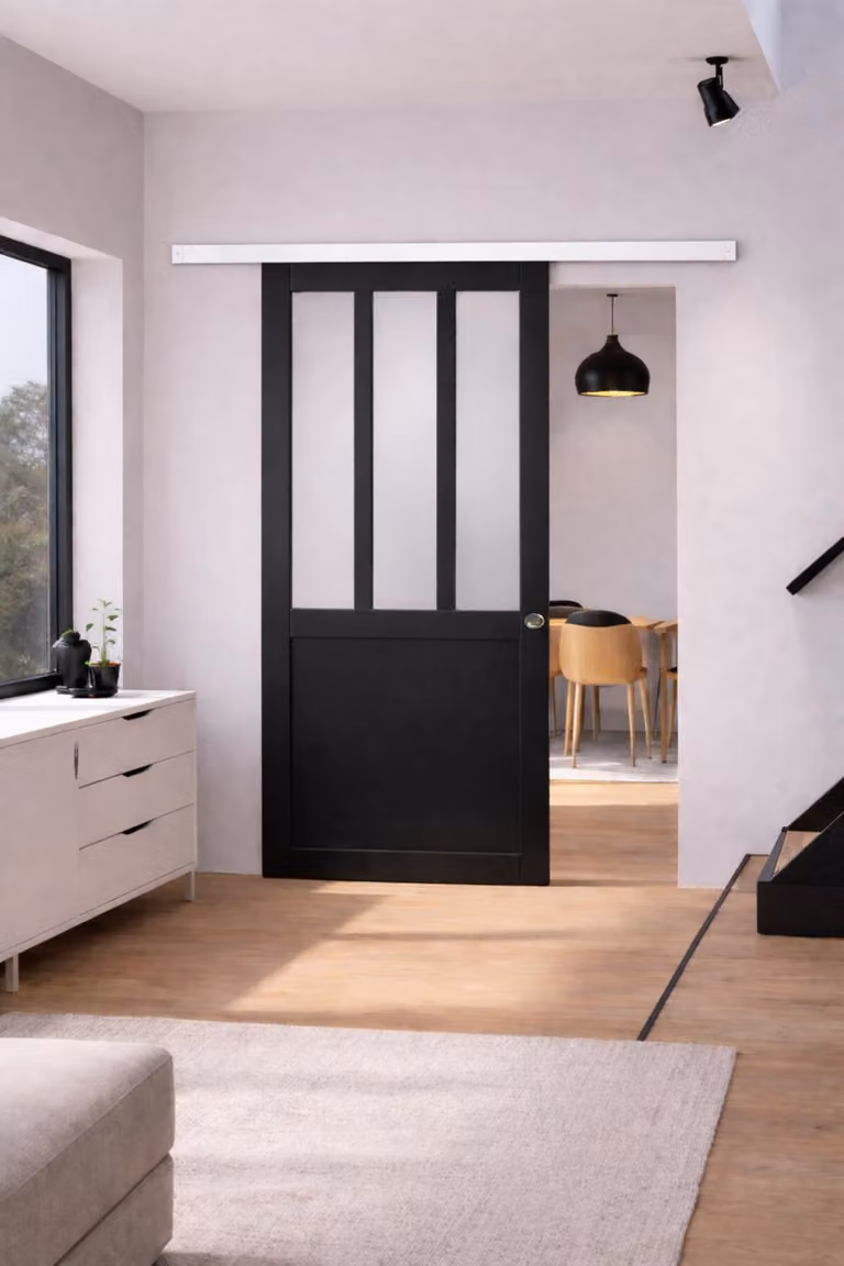Porta scorrevole da laboratorio nera con vetro depoli H204 x L83 cm, binario in alluminio con fascia bianca, conchiglie Gd Menuserie