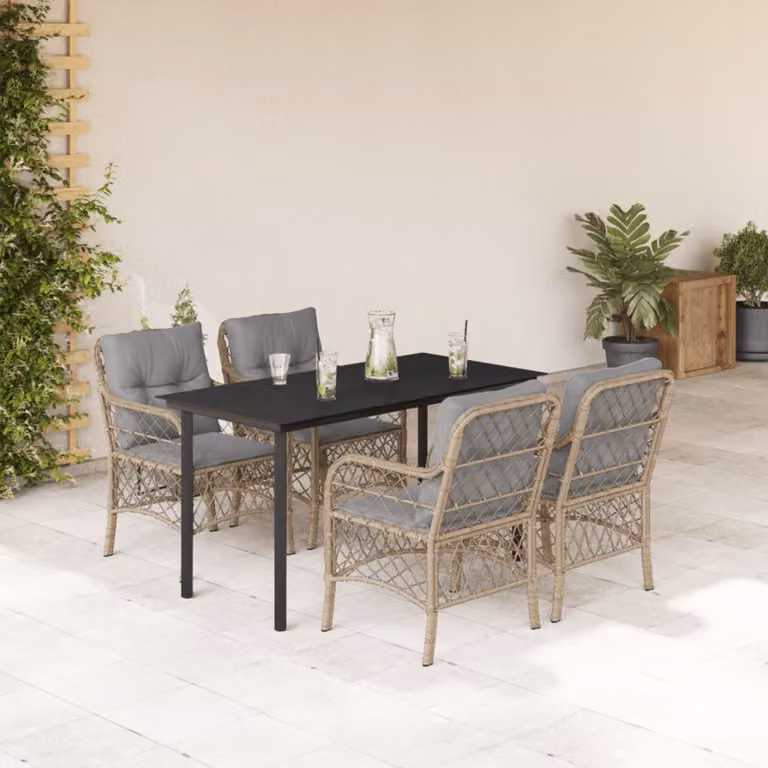Set Pranzo da Giardino vidaXL in Polyrattan con Tavolo in Vetro e 5 Sedute con Cuscini Beige Misto
