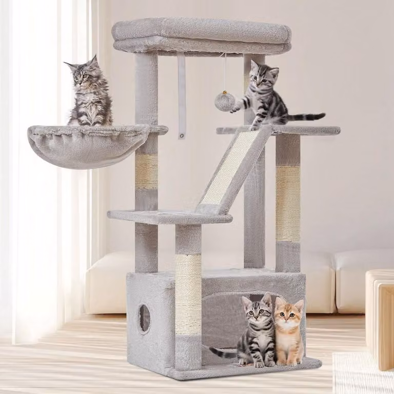 Omgoods - Albero per gatti, altezza 98 cm, con 4 pali per graffiare e rifugi - Grigio chiaro