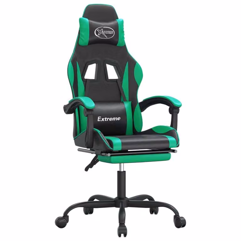 Sedia da Gaming Girevole con Poggiapiedi Nero Verde Pelle finta