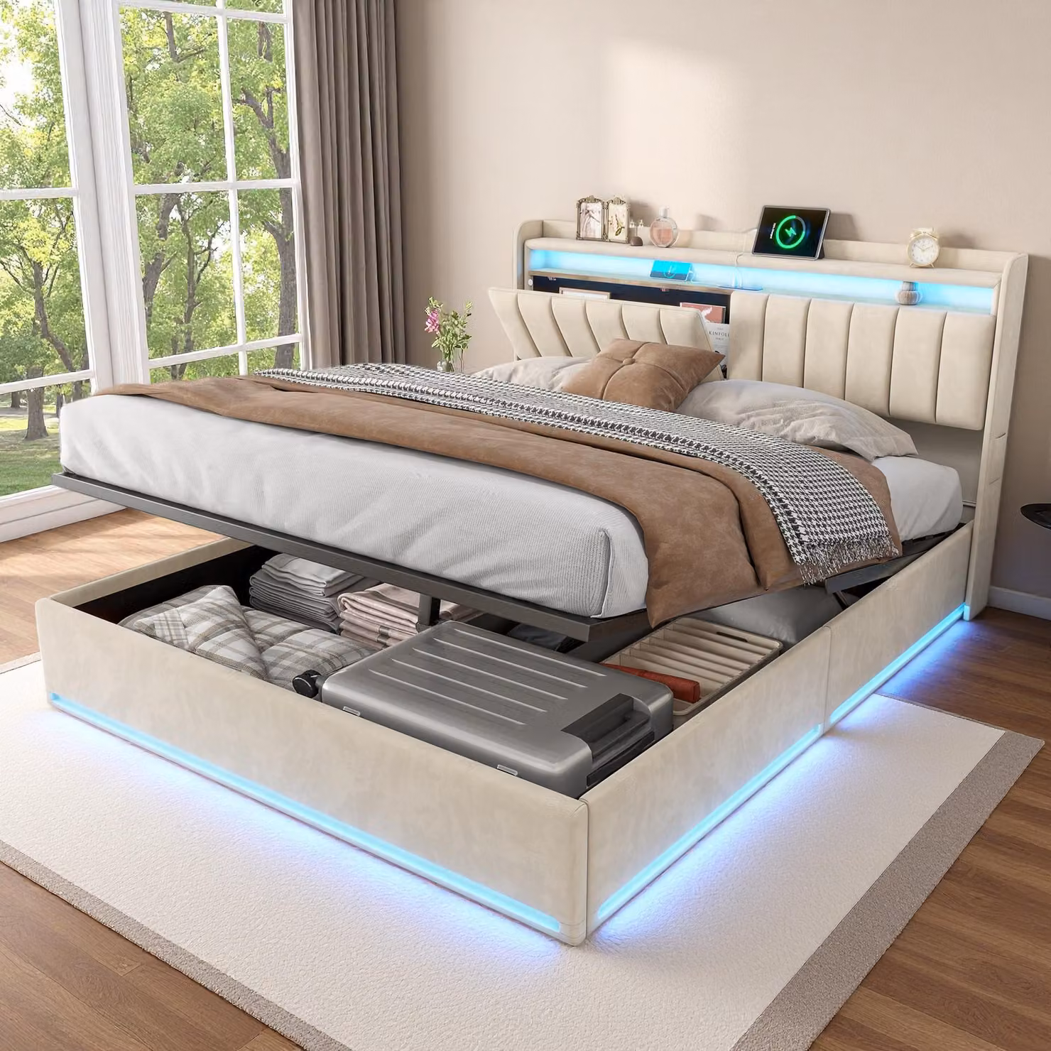 Letto imbottito INONEFT 160x200, letto matrimoniale moderno con LED e USB, letto con spazio contenitore ad apertura idraulica e rete a doghe, in velluto color beige, senza materasso