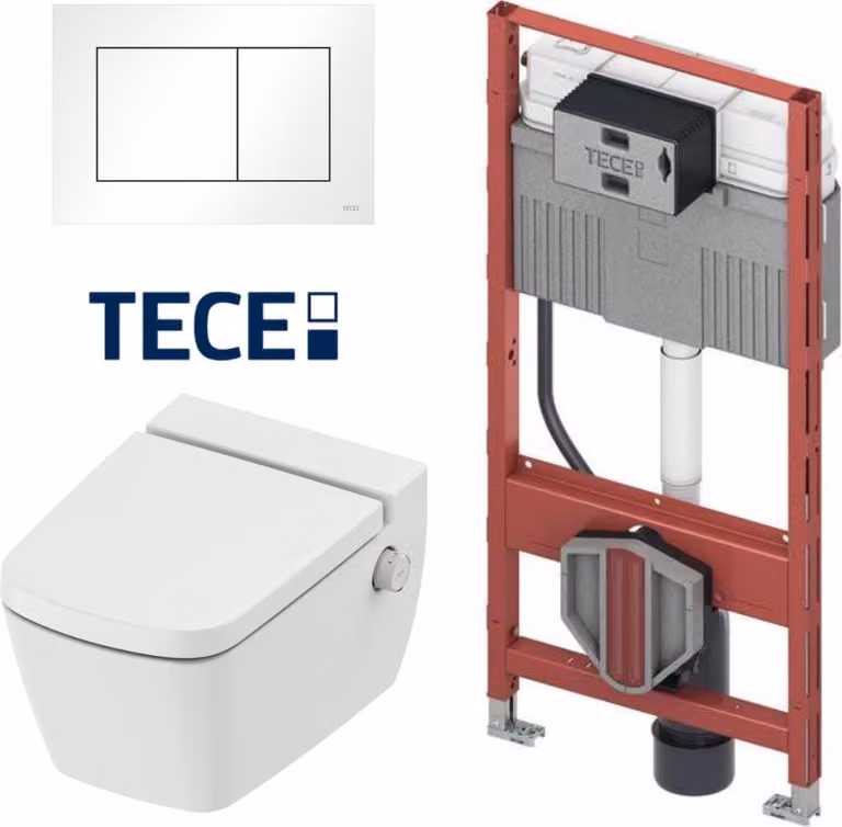 TECE One Set WC a parete con doccia con acqua calda e fredda, sedile con chiusura ammortizzata, elemento pre-murale e piastra a leva, bianco