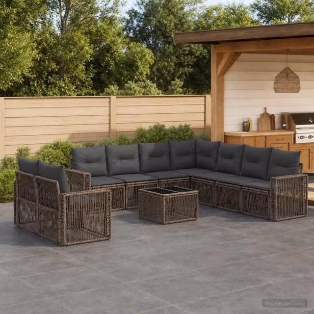 Set Divano da Giardino vidaXL in Polyrattan 10 Pezzi Grigio e Antracite con Cuscini e Tavolino – 1