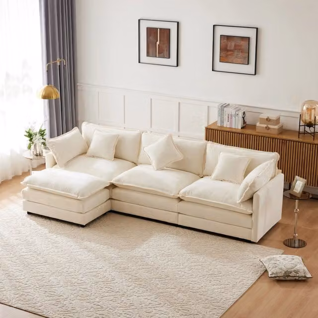 Divano 3 posti 283x147x84 cm con pouf mobile in ciniglia beige