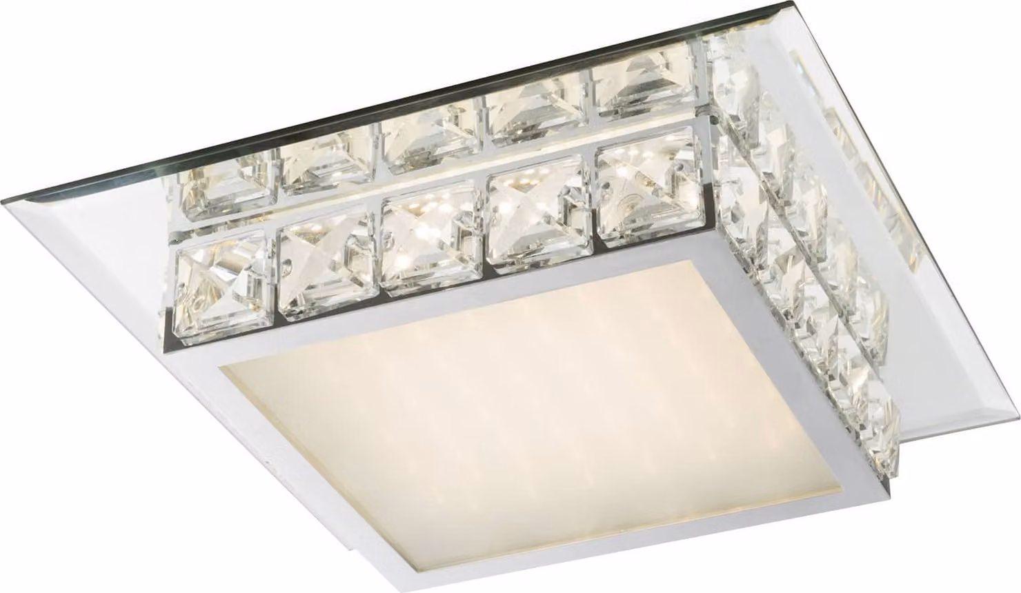Globo Lighting plafoniera in metallo cromato, vetro opalino, cristalli trasparenti K5, bordo a specchio, LxPxH: 250x250x70mm, incl. LED 12W 230V, sorgente 1500lm, potenza 720lm, 4000K