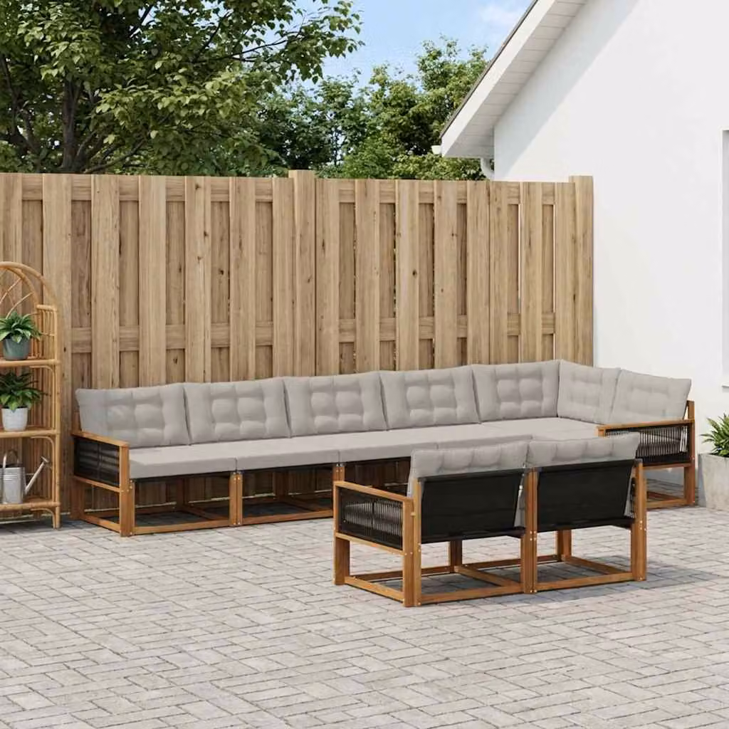 Set di divani da esterno vidaXL a forma di L composto da 8 pezzi in legno di acacia trattato e tessuto textilene, colore beige, grigio e marrone, con cuscini inclusi