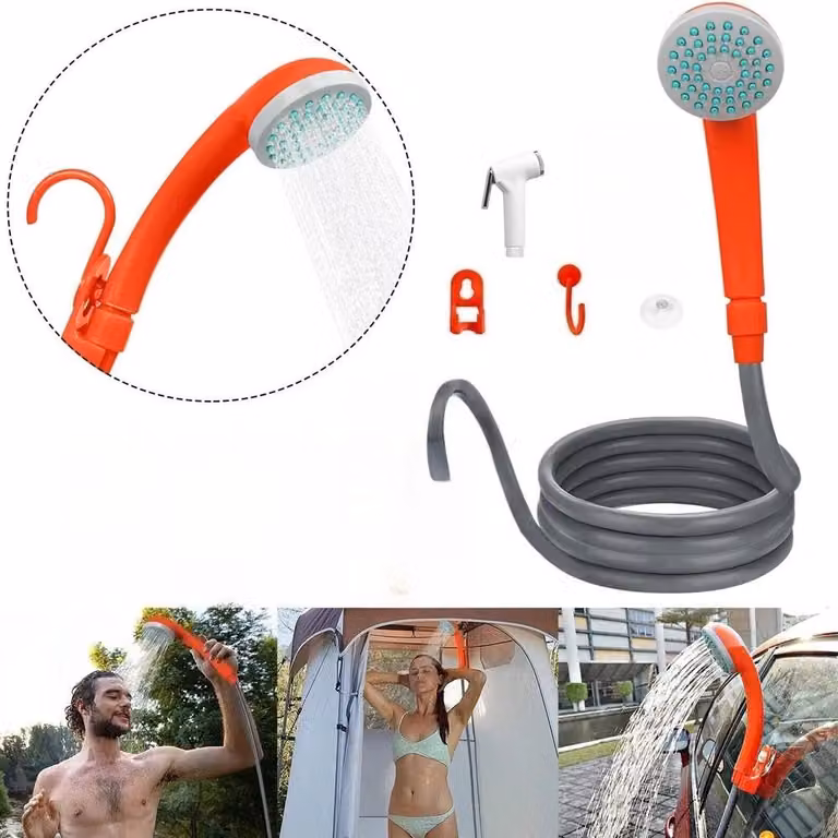 Doccia da campeggio portatile - Doccetta manuale - Doppia guarnizione antiscivolamento - Borsa di stoccaggio in tessuto a rete - Materiale ABS - Ideale per campeggio e trekking