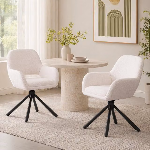 Set di 2 Sedie da Pranzo Girevoli in Tessuto Sherpa Bianco con Braccioli, Design Moderno e Semplice