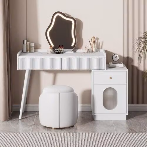 Tavolino da toilette AIORBER, (senza sgabello), con specchio LED, con tre cassetti spaziosi e un'anta, per la camera da letto, 100x40x75cm, bianco