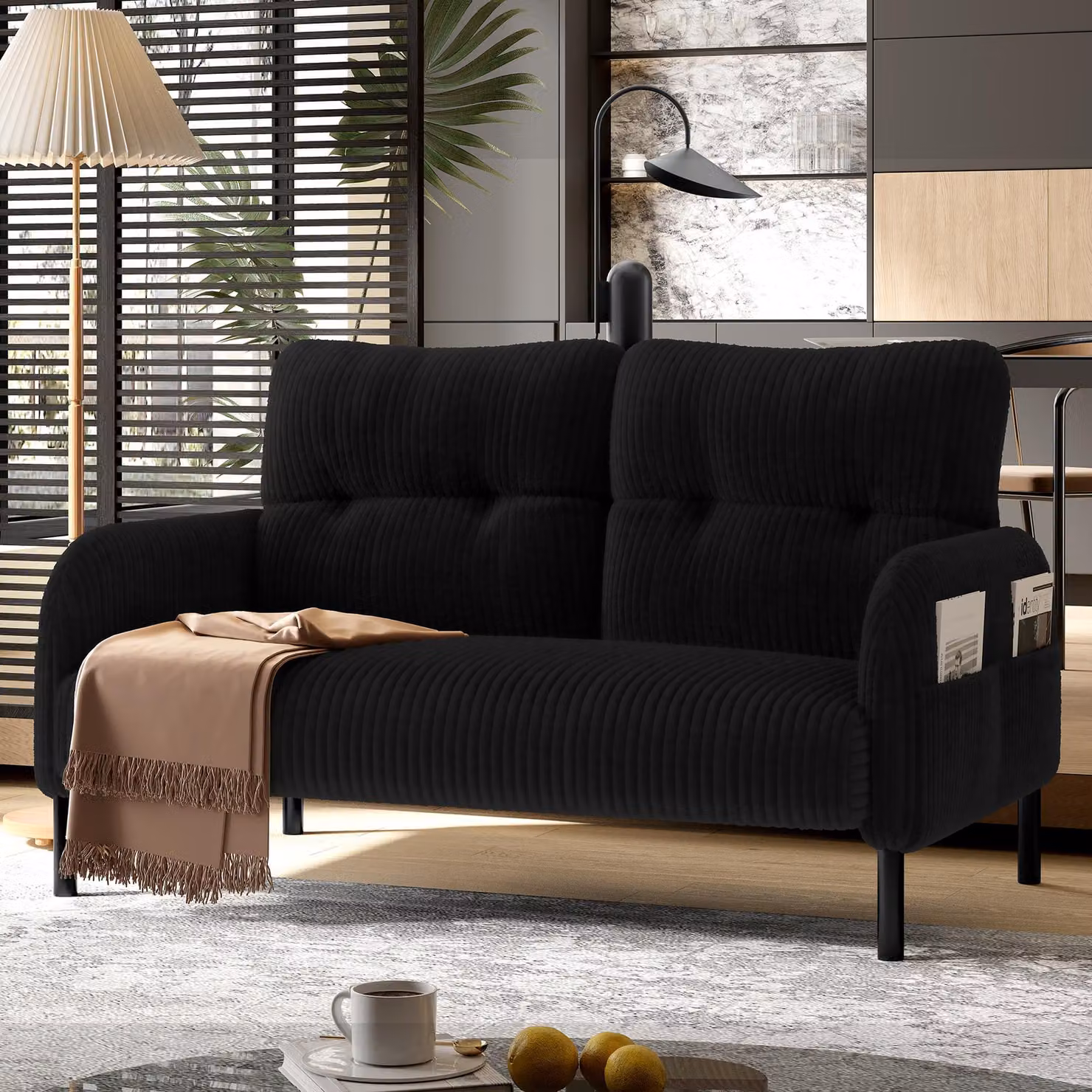 okwish Poltrona relax moderna a due posti con schienale e braccioli ergonomici, imbottita in velluto a coste, con gambe in metallo e tasche laterali, nera