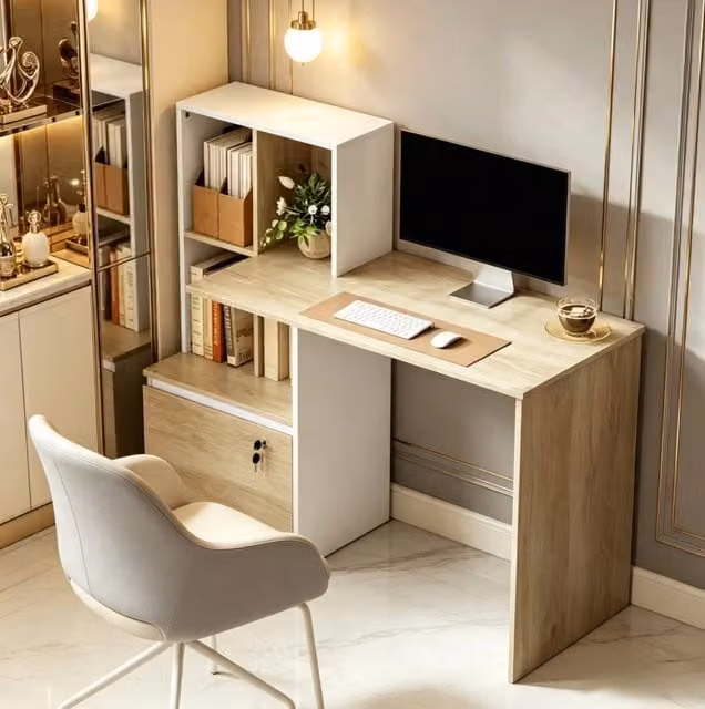 Scrivania ULEVR 126x50x109 cm con libreria a 4 vani e cassetto portadocumenti con serratura, bianco e rovere chiaro