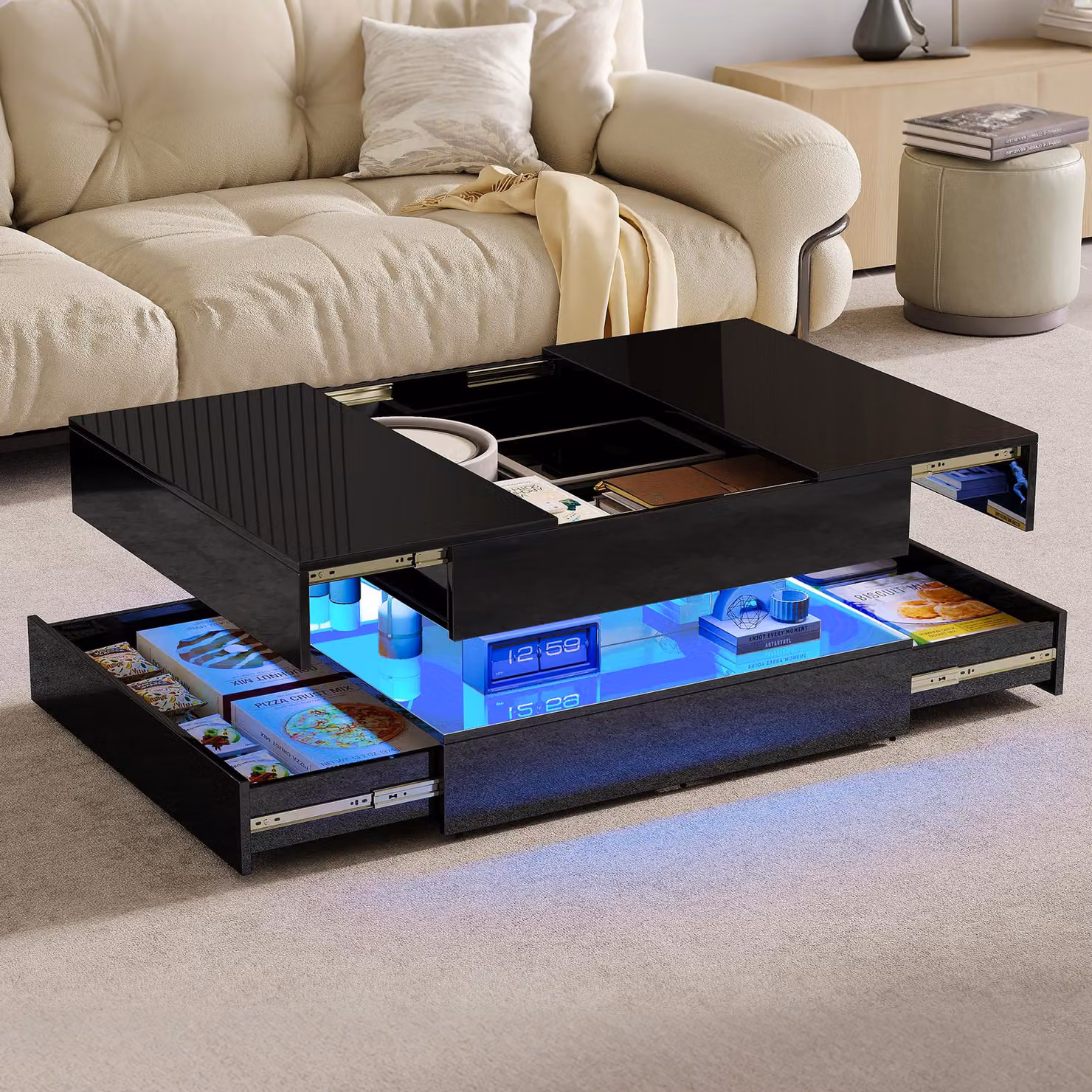 Tavolino REMZETTA, 78 x 78 x 43 cm, quadrato, nero con finitura lucida, dotato di illuminazione LED colorata, controllabile tramite app e telecomando
