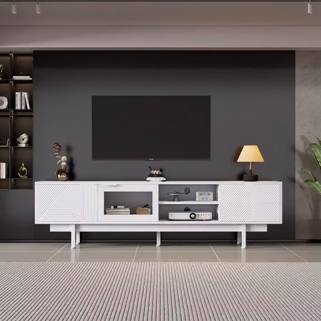 Mobile TV moderno WISHDOR bianco con ripiani in vetro, L 200 x P 40 x H 50,5 cm