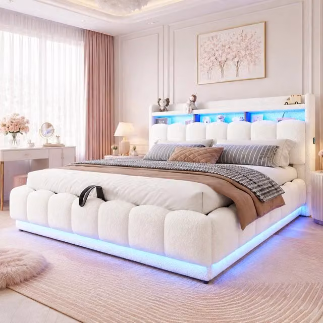 Letto matrimoniale imbottito ULEVR 180x200 cm con contenitore idraulico, LED, USB e presa, boucl¨¦ bianco