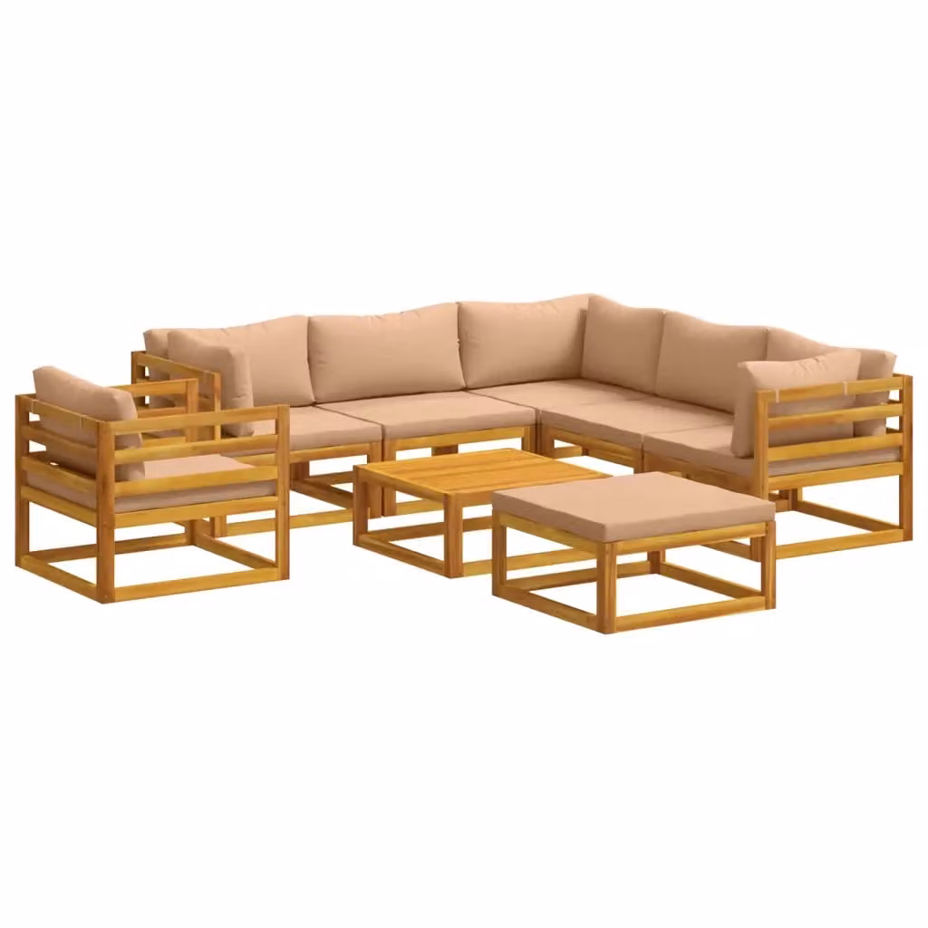 Set di divani da esterno vidaXL in legno di acacia massello con cuscini beige e marrone, composizione a L con tavolino e pouf, 8 pezzi – 2