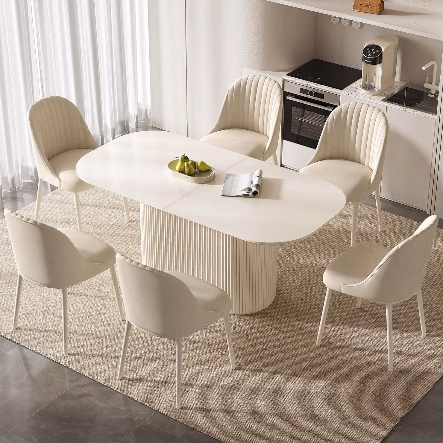 Set da pranzo con tavolo e 6 sedie, design scandinavo, colore bianco, dimensioni tavolo: 177,8 cm