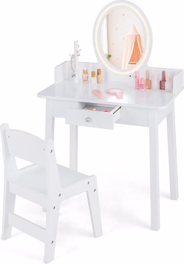 Tavolo da trucco per bambini con specchio illuminato Tavolo da trucco con sedia Bianco