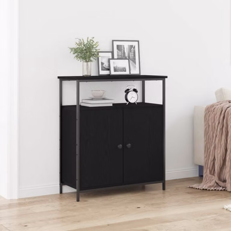 Credenza moderna vidaXL in legno ingegnerizzato e metallo, colore nero, L: 70 cm, P: 30 cm, H: 80 cm