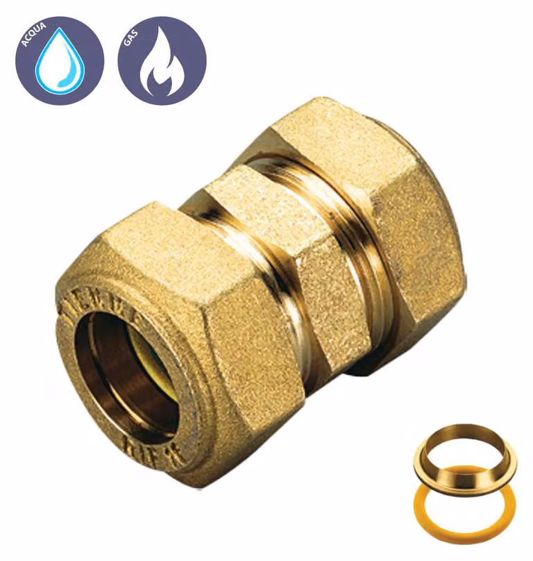 RACCORDO DIRITTO DOPPIO A COMPRESSIONE CON O-RING GIALLO PER GAS TIEMME Ø22 x Ø22 mm