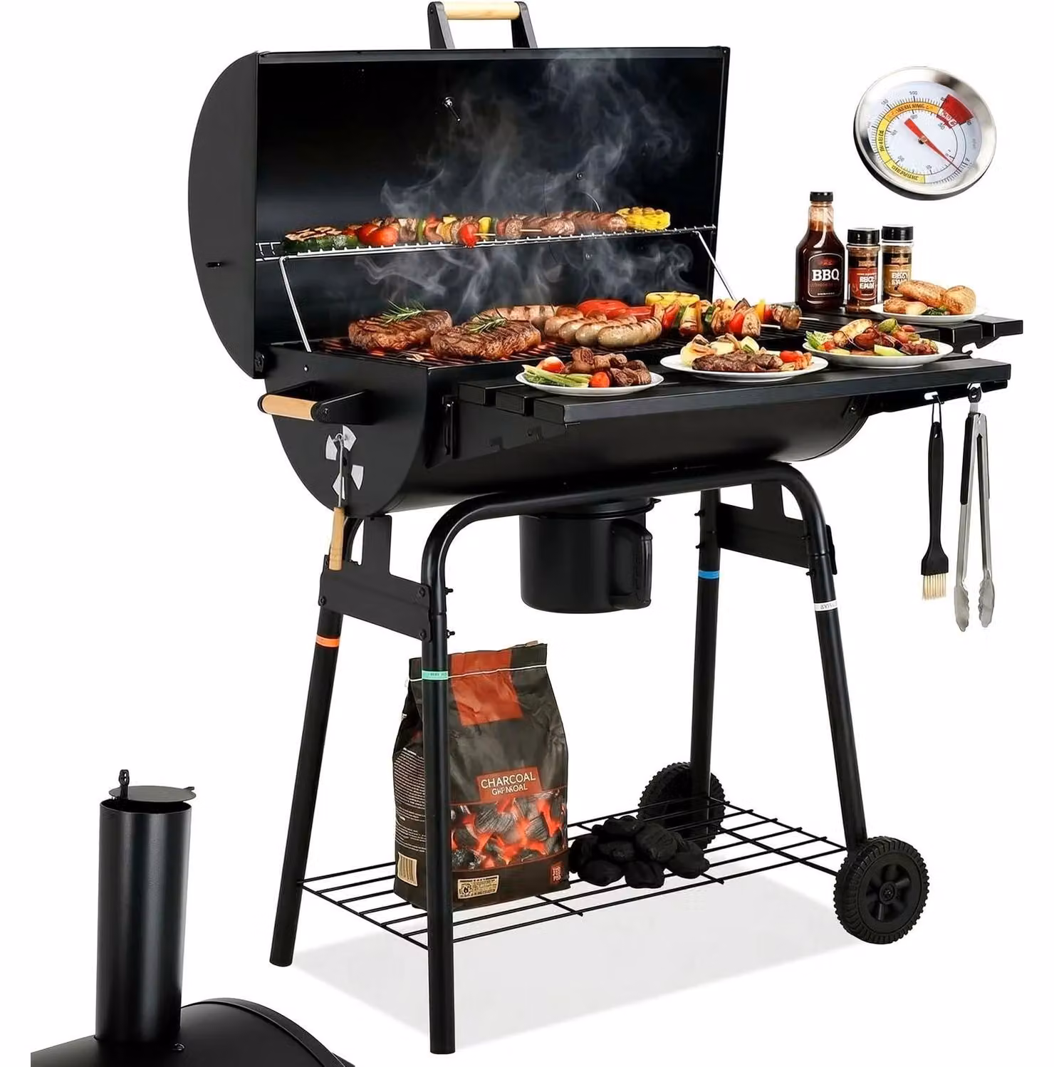 Griglia per barbecue in acciaio inossidabile - Griglia da giardino con coperchio - Camino - Termometro - Contenitore per la cenere - Ripiano pieghevole - 2 ruote - Colore nero