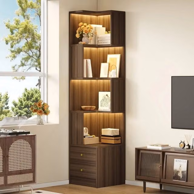 Libreria angolare con illuminazione ¨C Minimal ¨C marrone multistrato 45x43,5x180cm stoccaggio spazioso