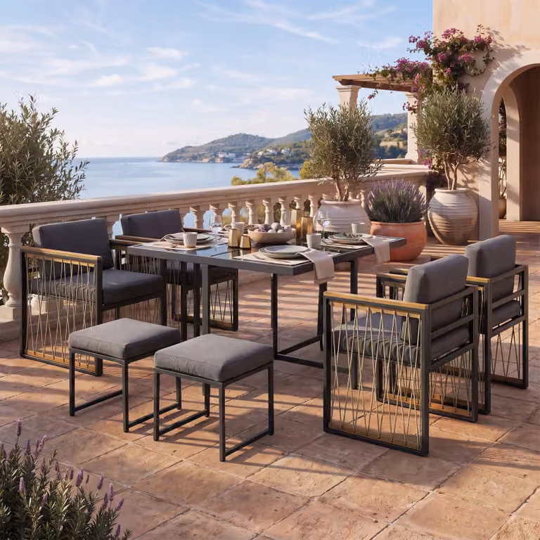 MODFU Set di mobili da giardino, set da salotto da giardino (set da 7 pezzi) Set da pranzo e sedie da esterno, set angolare per 6 persone, grigio