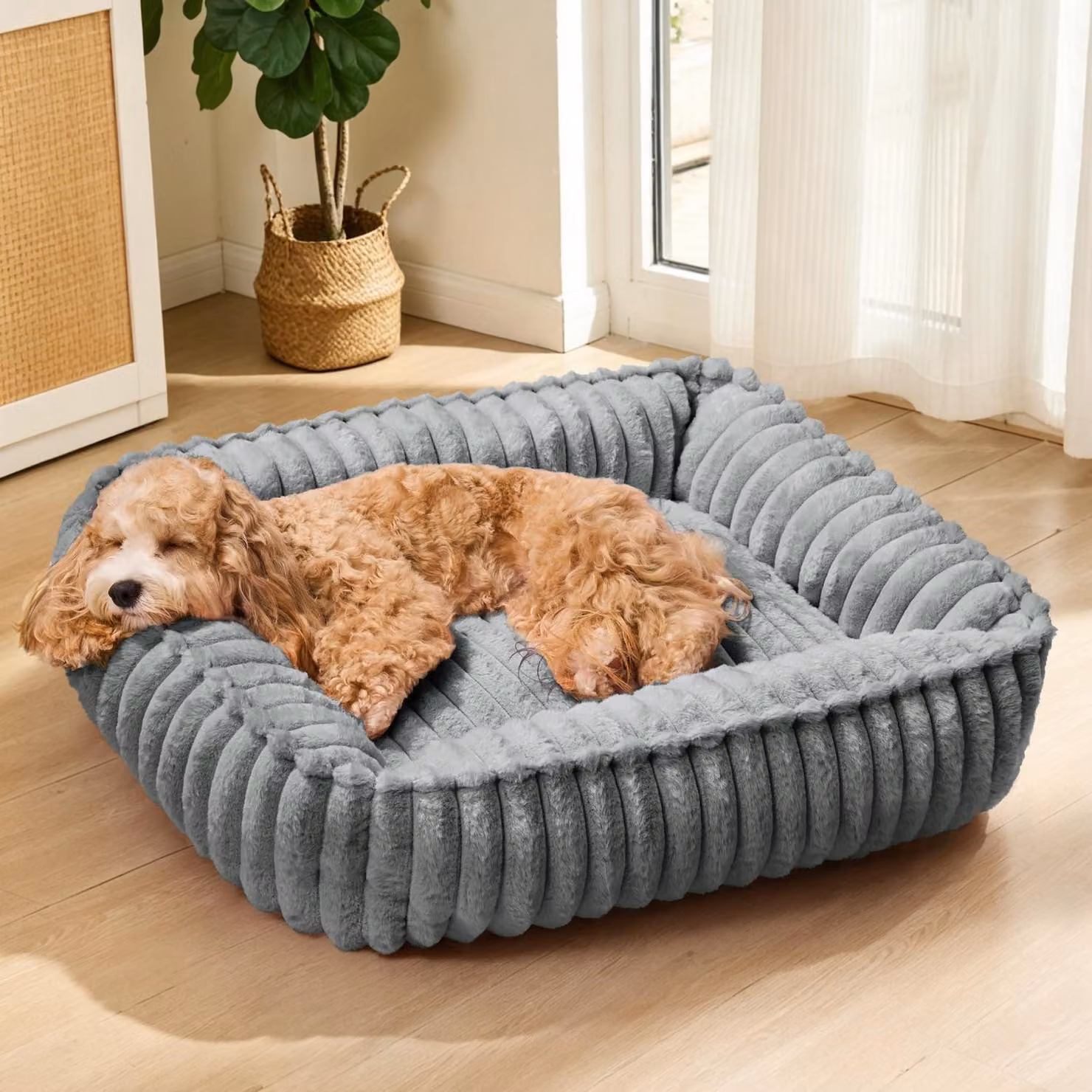 Cuccia ortopedica per cani, colore grigio scuro, dimensioni 90x70 cm, lavabile, rivestita in ecopelliccia a forma di coniglio