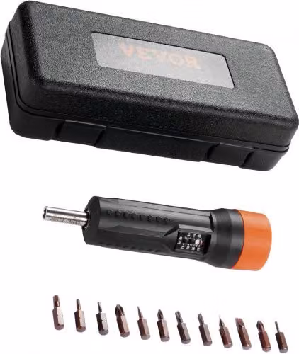 Set di Chiavi per Cacciavite Dinamometrico VEVOR da 1/4 pollici con Gamma di Regolazione della Coppia 10-70 pollici-libbre e Set di Punte, Colore Nero