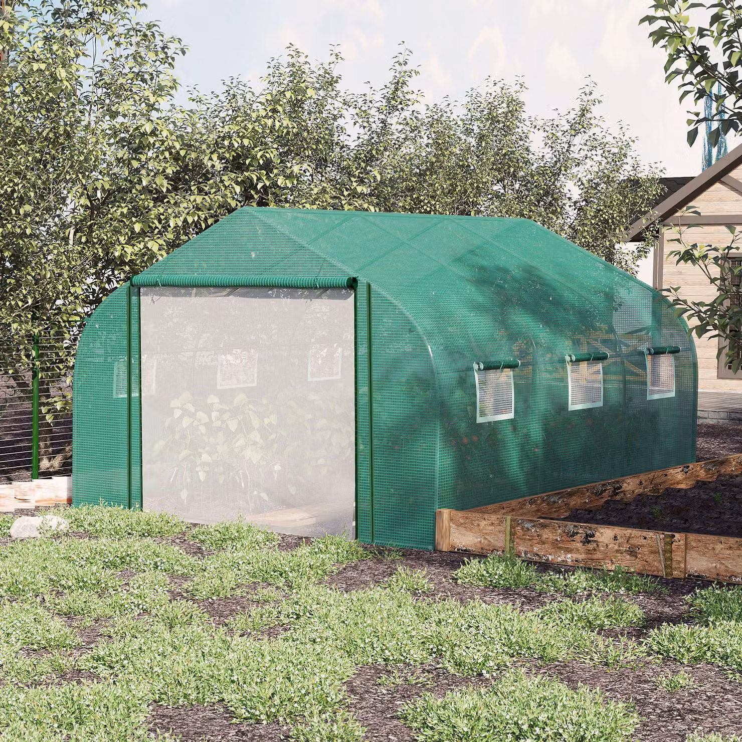Serra per piante Outsunny in acciaio con porta avvolgibile e 6 finestre in PE anti-UV, Verde, L: 347 cm, P: 300 cm, H: 200 cm – 2