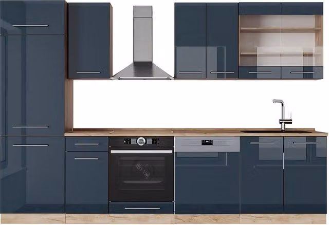 Cucina componibile Fame-Line Vicco Blu scuro lucido e Rovere dorato L: 300 cm, H: 206.8 cm, P: 60 cm