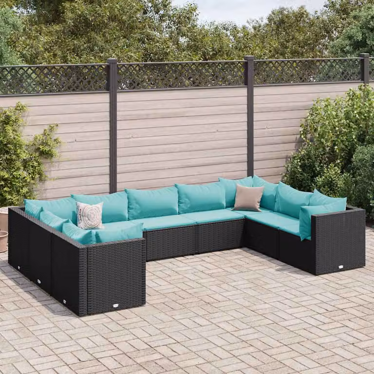 Set Salotto da Giardino vidaXL a Forma di L con 9 Cuscini, Polyrattan e Metallo, Colore Nero e Blu