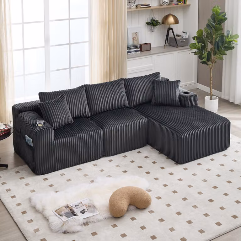Set di divani componibili Sweiko con chaise longue e 2 posti, rivestimento in morbido velluto a coste, con 5 cuscini, tasche laterali e portabicchieri, schiuma ad alta densità, combinazione fai da te, ideale per soggiorno, appartamento e studio.