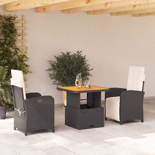 Set da Pranzo da Giardino 3 pz con Cuscini Nero in Polyrattan 3277315