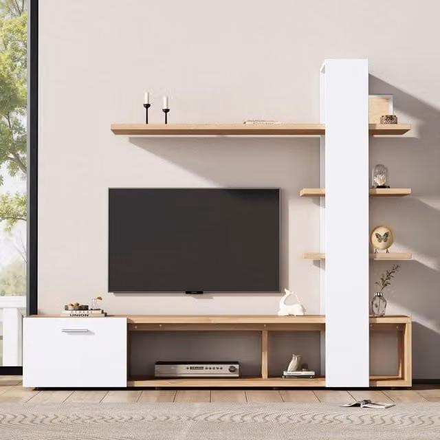 Mobile TV Zephmum per soggiorno in legno e metallo bianco e beige, L: 180 cm, P: 33,5 cm, H: 151,5 cm, per TV fino a 60 pollici – 1
