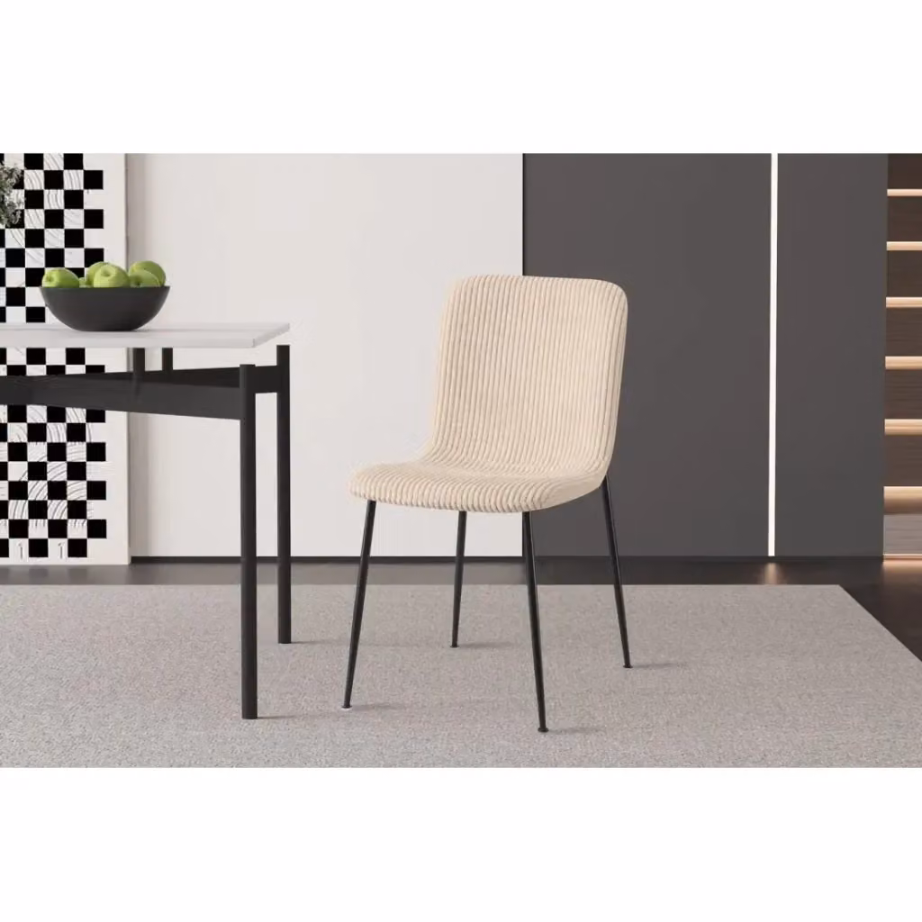Sedia da sala da pranzo Meublorama in velluto a coste beige con gambe in metallo nero stile moderno – 2